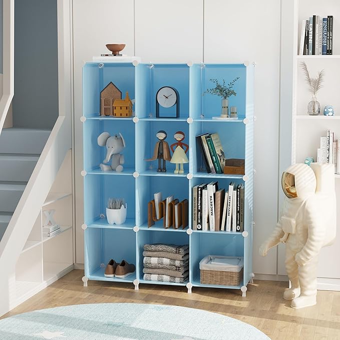 AWTATOS Cube Storage Organizer Protable Closet Organizers and Storage for Kids DIY Stackable 12 Cube Storage Shelves Clothes Organizer for Bedroom, Home, Blue - Image 2