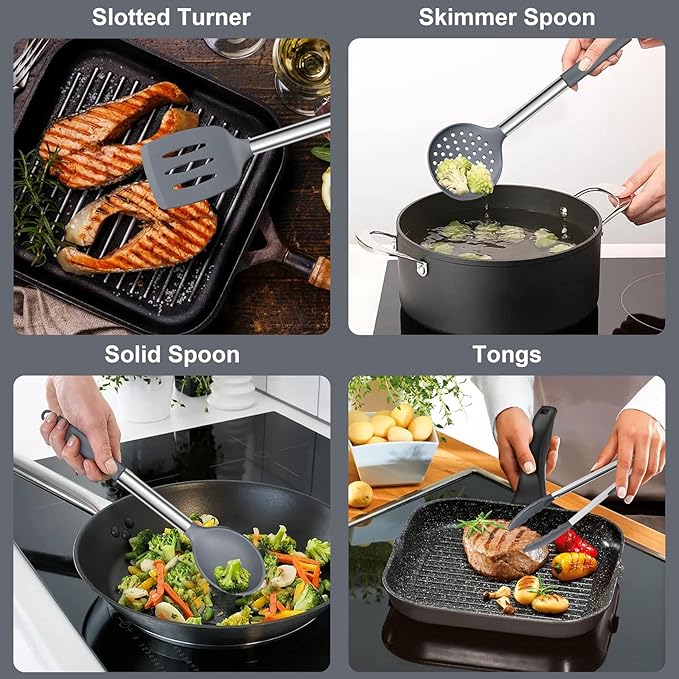 E-far Silicone Cooking Utensils Set, 7 Pcs Heat Resistant Kitchen Utensils with Stainless Steel Handle, Slotted Turner, Spoon, Soup Ladle, Pasta Server, Skimmer, Tongs for Nonstick Cookware, Gray - Image 4