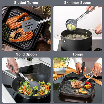 E-far Silicone Cooking Utensils Set, 7 Pcs Heat Resistant Kitchen Utensils with Stainless Steel Handle, Slotted Turner, Spoon, Soup Ladle, Pasta Server, Skimmer, Tongs for Nonstick Cookware, Gray - Image 4