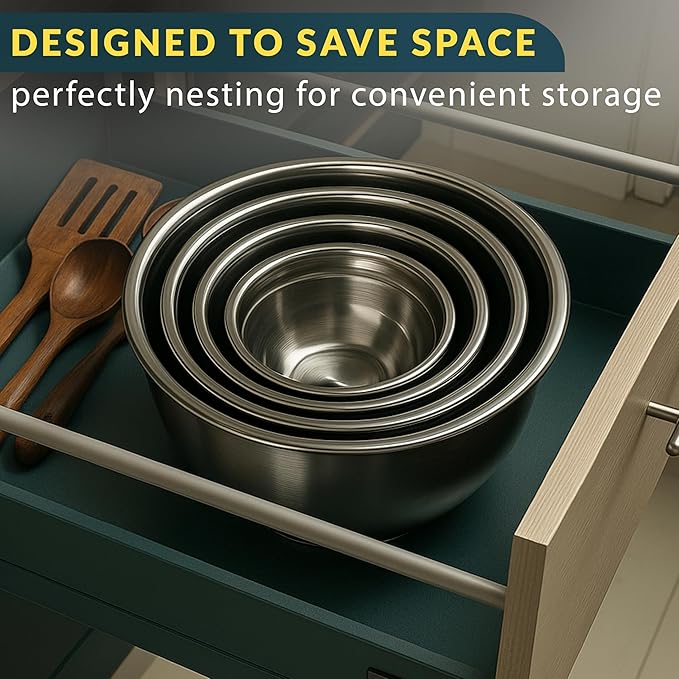 Baker's Signature Stainless Steel Mixing Bowls With Lid, Metal Mixing Bowl Set Of 5, Nesting Set For Food Prep, Baking,Storage, Cooking, Serving | Dishwasher Safe, 0.5/1.5/3/4/5 Qt - Image 7