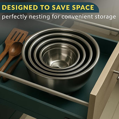 Baker's Signature Stainless Steel Mixing Bowls With Lid, Metal Mixing Bowl Set Of 5, Nesting Set For Food Prep, Baking,Storage, Cooking, Serving | Dishwasher Safe, 0.5/1.5/3/4/5 Qt - Image 7