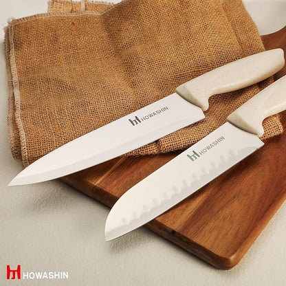 White Knife Set, Howashin 15 Pieces Kitchen Knife Set with Built in Knife Sharpener, High Carbon German Stainless Steel Knife Block Set, Dishwasher Safe Knives Set