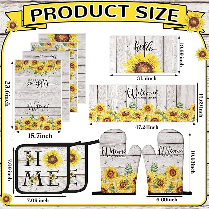 Fourluoo 10 Pcs Farmhouse Sunflower Kitchen Decor Set Sunflower Kitchen Towels and Rugs Oven Mitts Pot Holders for Cooking Baking Grilling Gift