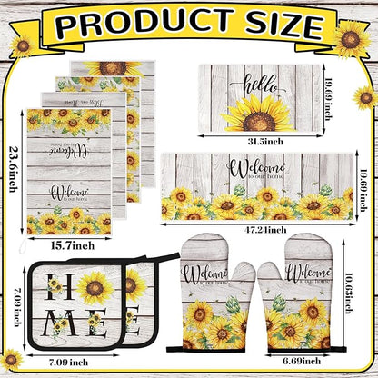 Fourluoo 10 Pcs Farmhouse Sunflower Kitchen Decor Set Sunflower Kitchen Towels and Rugs Oven Mitts Pot Holders for Cooking Baking Grilling Gift