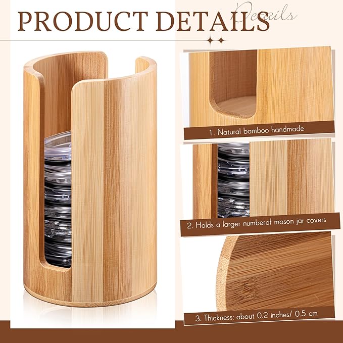 Suclain 2 Pcs Mason Jar Lid Organizer Bamboo Vertical Mason Jar Lid Storage Accessories Tumbler Lids Holder Cup Lids Organizer for Home Kitchen Countertop Cupboard(Only for Wide Mouth) - Image 4