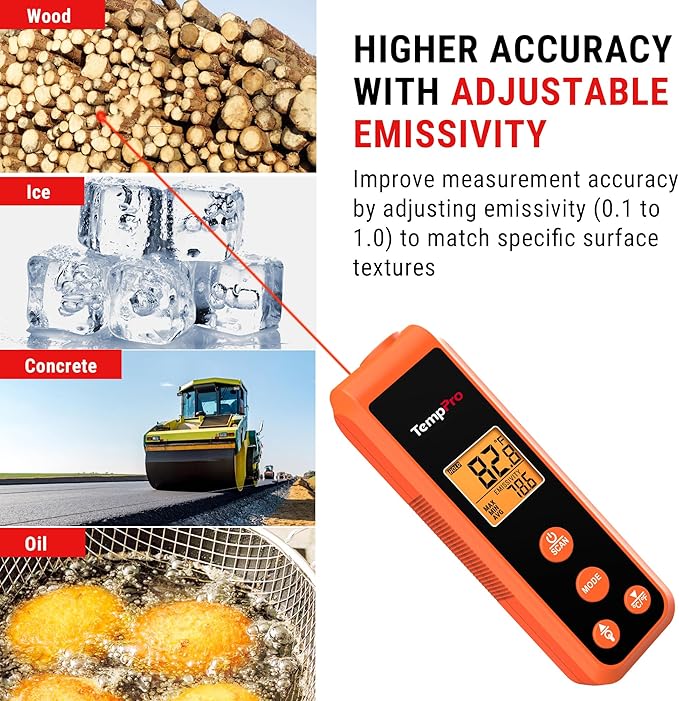 TempPro TP410 Infrared Thermometer Gun Non-Contact Laser Thermometer Gun for Cooking, Temperature Gun with Range -58℉~1022℉ for Pizza Oven Accessories, Griddle, HVAC, Engine(Previously ThermoPro) - Image 4