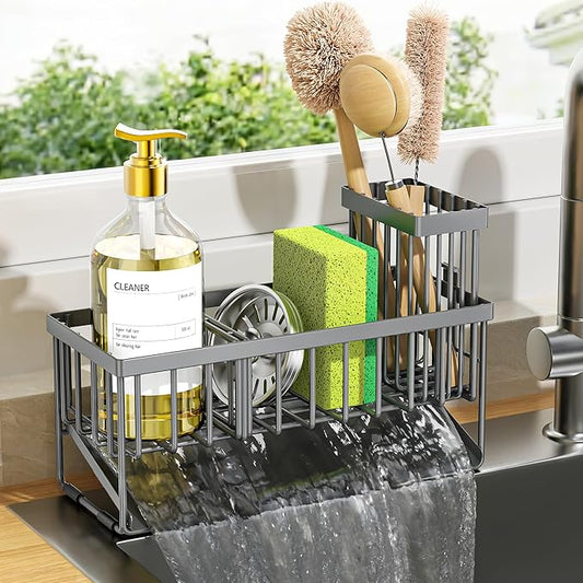 Cisily Sink Caddy Organzier with High Brush Holder, Sponge Holder for Sink, 304 Rustproof Stainless, Kitchen Countertop Soap Dispenser Organizer, Dark Gray Kitchen Decor and Accessories by CISILYHOMELIFE