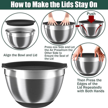 Mixing Bowls with Airtight Lids Set, 4 Stainless Steel Bowls Nesting Bowls & Colander, Kitchen Organizers and Storage Non-Slip Bottom, Size 1.5/2.0/2.5/4.5QT, Great for Mixing & Serving, Black - Image 6