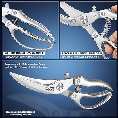 Heavy Duty Poultry Shears – Professional Stainless Steel Kitchen Scissors for Chicken, Turkey, Bone, Meat & Fish – Spring Loaded Spatchcocking Shears – Dishwasher Safe with Safety Lock