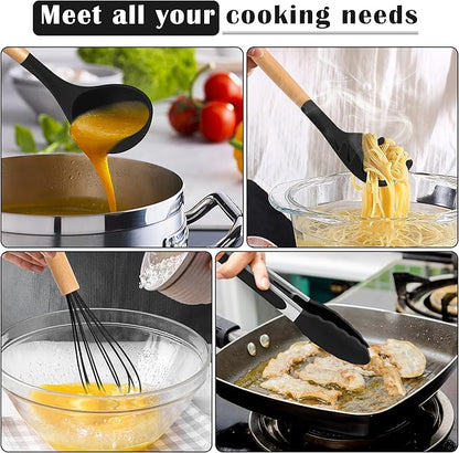E-far Silicone Cooking Utensils Set, 10-Piece Black Kitchen Utensils Set with Wooden Handle for Nonstick Cookware, Heat Resistant Kitchen Nonstick Tools Spatula Whisk Tongs Ladle, Non-toxic & Healthy - Image 6