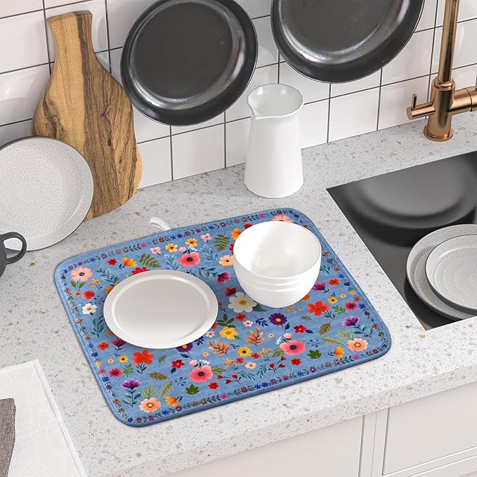 Lovely Flowers Dish Drying Mat - Blue Floral Kitchen Counter Microfiber Drying Pad 16 X 18 for Home Decor - Image 6