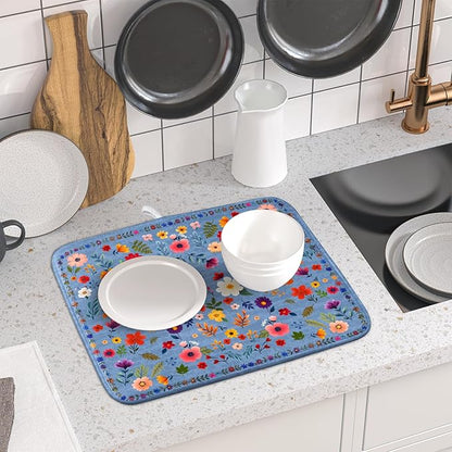 Lovely Flowers Dish Drying Mat - Blue Floral Kitchen Counter Microfiber Drying Pad 16 X 18 for Home Decor - Image 6