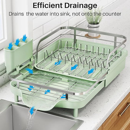 SNTD Dish Drying Rack, Expandable Dish Rack for Kitchen Counter, Stainless Steel Dish Drainer with Drainboard Set and Utensil Holder (Green) - Image 4