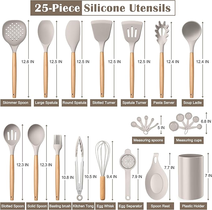 E-far Silicone Kitchen Utensils Set with Holder, 25-Piece Cooking Utensil Set with Wooden Handle for Nonstick Cookware, 446°F Heat Resistant Kitchen Tool Spatula Tong Whisk, Non-toxic & Healthy, Khaki - Image 2