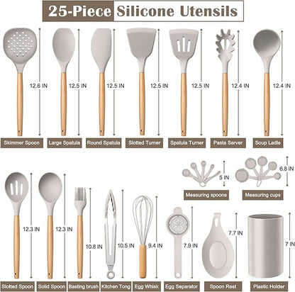 E-far Silicone Kitchen Utensils Set with Holder, 25-Piece Cooking Utensil Set with Wooden Handle for Nonstick Cookware, 446°F Heat Resistant Kitchen Tool Spatula Tong Whisk, Non-toxic & Healthy, Khaki - Image 2
