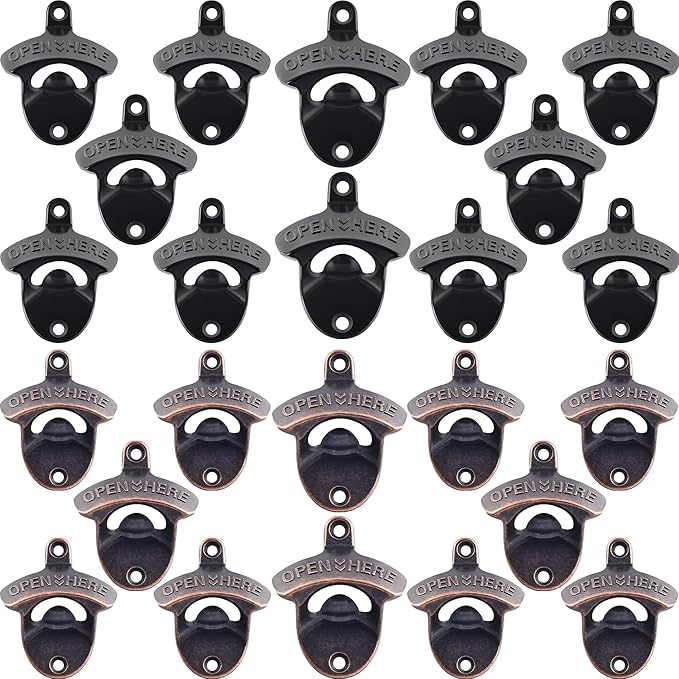 24 PCS Bulk Beer Bottle Opener Wall Mount Rustproof, Black Copper Mountable Soda Bottle Cap Opener for DIY Cooler Table