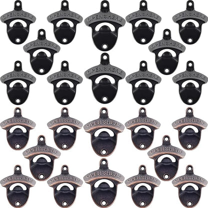 24 PCS Bulk Beer Bottle Opener Wall Mount Rustproof, Black Copper Mountable Soda Bottle Cap Opener for DIY Cooler Table