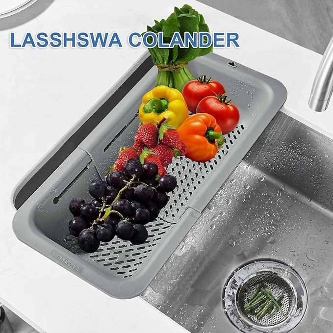 LASSHSWA Collapsible Colander for Kitchen, Over the Sink Strainer Basket for Kitchen, Fruit Pasta Food Strainer Expandable Plastic Colander BPA Free (Gray) - Image 2
