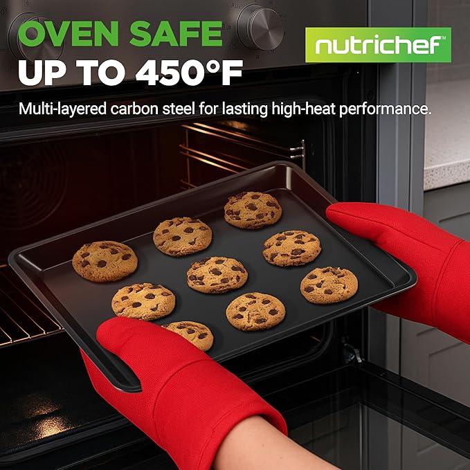 NutriChef 2-Piece Baking Sheet Non Stick - Premium Carbon Steel Cookie Sheets for Baking - Large and Medium Baking Trays for Oven - Black - Image 2