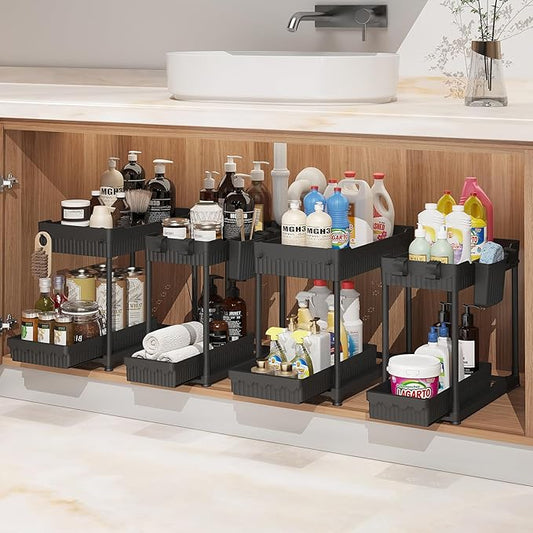 Sevenblue 4 Pack Under Sink Organizer, Bathroom Organizers and Storage, 2 Tier Multi-Use Pull Out Cabinet Organizer with Hang Hooks and Cups (Black, 4 Pack) by Sevenblue
