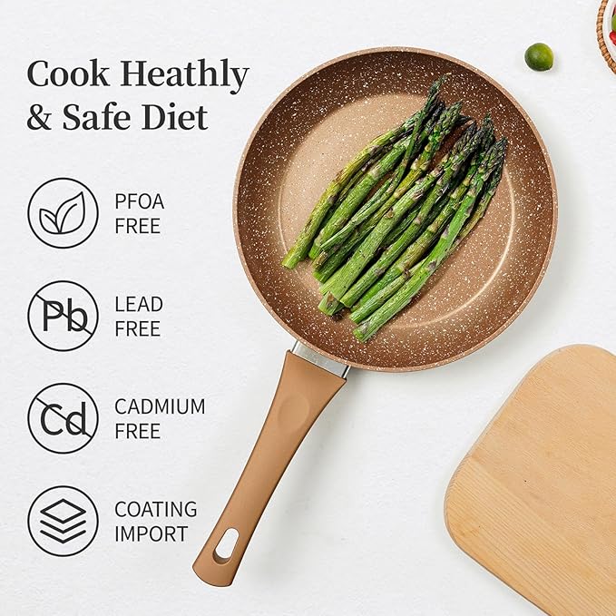 Innwewell Non Stick Frying Pan - Granite Stone Non Stick Skillet Frying Pans, Safe&No Toxic Egg Omelette Frying Pan, Small Nonstick Cookware Cooking Pan, Induction Compatible, PFOA Free(8inch, Gold) - Image 2