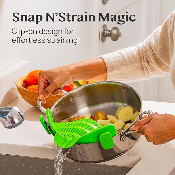 2 Pack Kitchen Gizmo Snap-On Strainer - Silicone Clip-On Strainer for Pots and Pans - Collapsible Design - Heat Resistant Colander for Vegetables and Noodles - Ideal for Rice, Grains - Green/Grey - Image 2