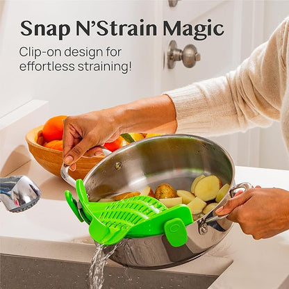 2 Pack Kitchen Gizmo Snap-On Strainer - Silicone Clip-On Strainer for Pots and Pans - Collapsible Design - Heat Resistant Colander for Vegetables and Noodles - Ideal for Rice, Grains - Green/Grey - Image 2