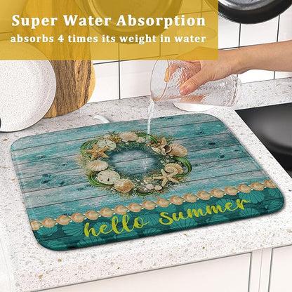 Hello Summer Dish Drying Mat for Kitchen Counter,Sea Shell Starfish Coastal Wreath Drying Mat 16 x 18 Inch with Absorbent Reversible Microfiber Drying Pad for Coffee Bar - Image 7