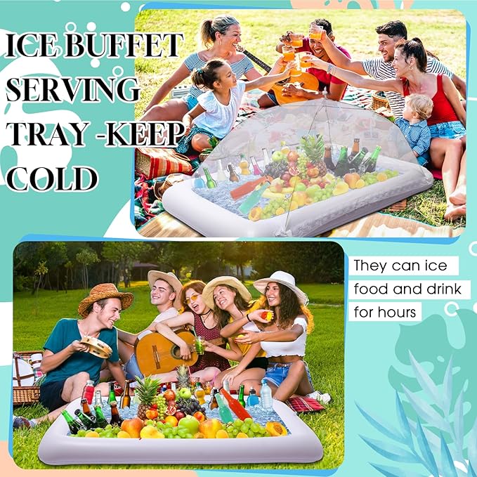 Leitee 3 Pcs Inflatable Serving Bar Kit Includes Salad Buffet Tray with Drain Plug Mesh Food Cover Food Drink Containers and Inflator for Ice Supplies Halloween Party Camping Picnic(White)