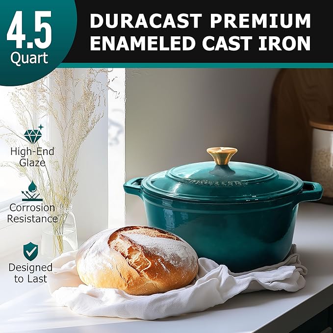 MUELLER HOME 4.5 QT Enameled Cast Iron Dutch Oven, Heavy-Duty Casserole Dish and Braiser Pan with Lid, Oven-Safe up to 500° F & Across All Cooktops, Housewarming Gifts New Home, Emerald - Image 2