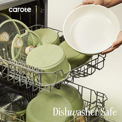 CAROTE 25-Piece Ceramic Cookware Set, Nonstick Pots and Pans Set with Detachable Handle, Non-Toxic Kitchen Cooking Set, Dishwasher & Oven Safe, Induction Compatible, PFAS Free, Green - Image 7