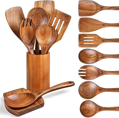 Wooden Spoons for Cooking, 9 Pcs Natural Teak Wooden Utensil Set with Spoon Rest, Comfortable Grip Wooden Cooking Utensils Set with Holder for Nonstick Cookware, Sturdy, Lightweight & Heat Resistant by Unknown