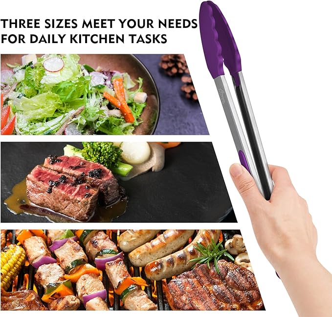 HOTEC Premium Stainless Steel Locking Kitchen Tongs with Silicon Tips, Set of 3-7", 9" and 12" (Purple) - Image 6