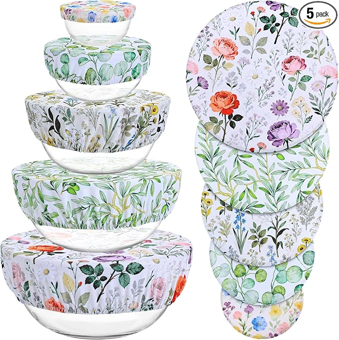 5 Pieces Bowl Covers Reusable, 5 Size Elastic Cloth Bowl Covers for Bread Proofing Stretch Food Covers Washable for Food Fruits Leftover (Rosa Chinensis) by Revahope