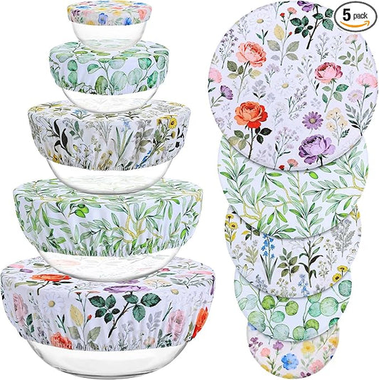 5 Pieces Bowl Covers Reusable, 5 Size Elastic Cloth Bowl Covers for Bread Proofing Stretch Food Covers Washable for Food Fruits Leftover (Rosa Chinensis) by Revahope