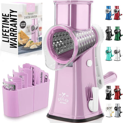 Zulay Kitchen Rotary Cheese Grater 5 Blade Cheese Shredder - Manual Hand Crank Cheese Grater With Reinforced Suction & 5 Interchangeable Drums - Easy to Use, Vegetable Chopper Round Mandoline Slicer by ZulayKitchen