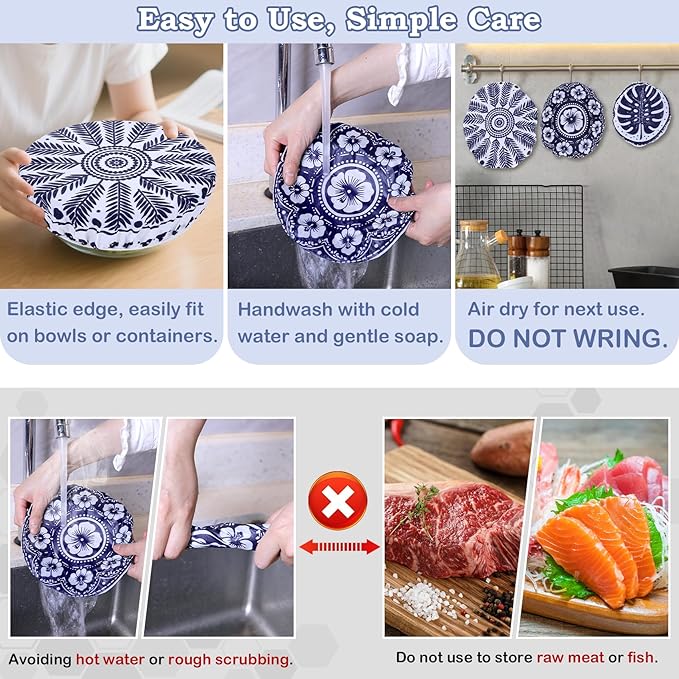 5-Size Reusable Beeswax Bowl Covers for Bread Proofing, Cotton Cloth Flexible Beeswax Wraps for Food Storage(Blue Lily) - Image 6