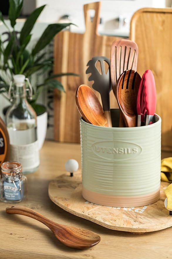 YHOSSEUN Kitchen Utensil Holder, Ceramic Utensil Holder for Kitchen Counter 6.7" Large Cooking Utensil Crock Farmhouse Utensil Organizer Storage, Oval Opening, Green - Image 4