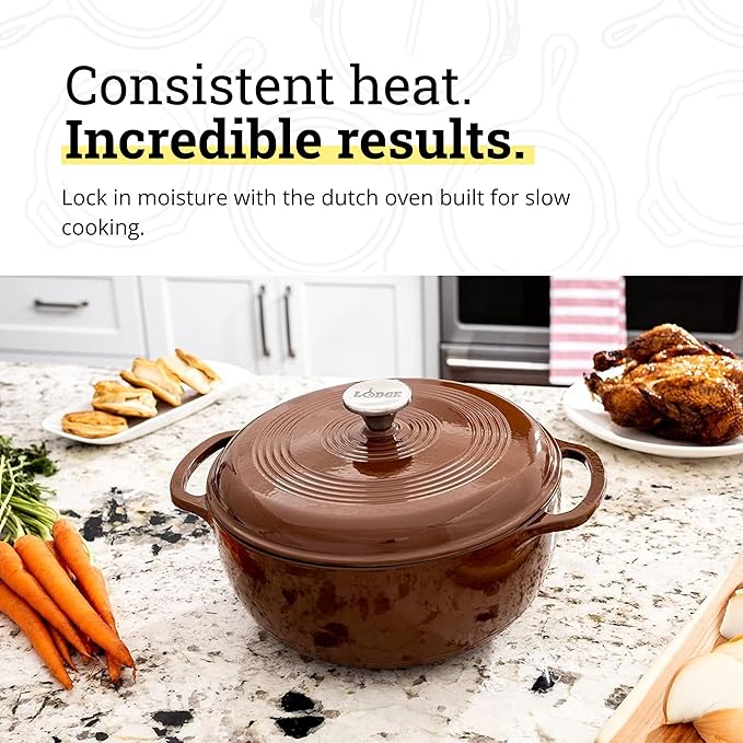 Lodge Essential Enamel Cast Iron Dutch Oven - Perfect for Bread Baking, Braising, Marinating & Slow Cooking - Features Moisture-Sealing Lid & Dual Handles - Kitchen Essentials - 6 Quarts - Burnt Sienna - Image 3