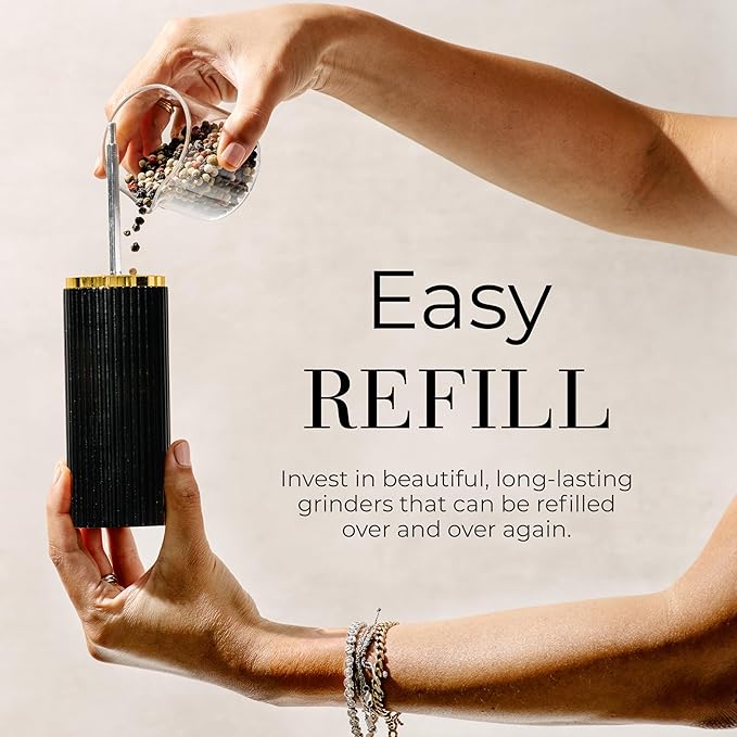Wooden Salt and Pepper Grinder Set – Refillable Manual Salt and Pepper Mills with Adjustable Ceramic Burrs, Gold Detailing, and Wood Stand – Black - Image 5