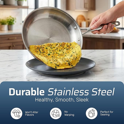 Gotham Steel 10 Pcs Tri Ply Stainless Steel Cookware Set, Pots and Pans Set with Induction Bottom, Made Without PTFE PFOA PFOS, Metal Utensil Safe, Oven and Dishwasher Safe