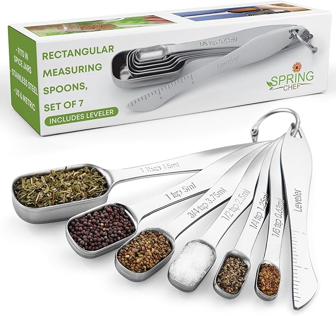 Spring Chef Stainless Steel Measuring Spoons Set of 7 with Leveler, Rectangular Metal Teaspoon & Tablespoon Measuring Spoons for Dry & Liquid Ingredients - Nesting Kitchen Gadgets For Baking & Cooking by SpringChef
