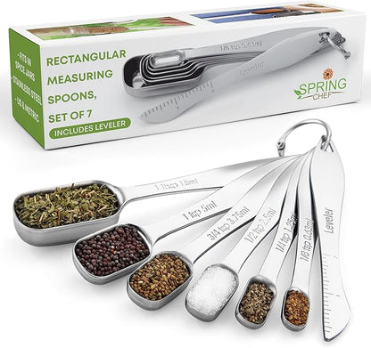 Spring Chef Stainless Steel Measuring Spoons Set of 7 with Leveler, Rectangular Metal Teaspoon & Tablespoon Measuring Spoons for Dry & Liquid Ingredients - Nesting Kitchen Gadgets For Baking & Cooking by SpringChef