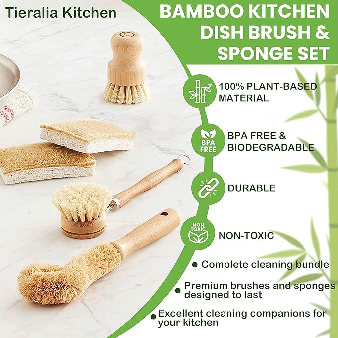 Tieralia Bamboo Dish Brush Gift Set – 5-Piece Kitchen Cleaning Set with Bottle Brush, Round Scrub Brush, Palm Brush & 2 Plant-Based Sponges | Wooden Handle Cleaning Tools for Dishes & Surfaces - Image 7