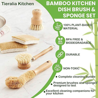 Tieralia Bamboo Dish Brush Gift Set – 5-Piece Kitchen Cleaning Set with Bottle Brush, Round Scrub Brush, Palm Brush & 2 Plant-Based Sponges | Wooden Handle Cleaning Tools for Dishes & Surfaces - Image 7