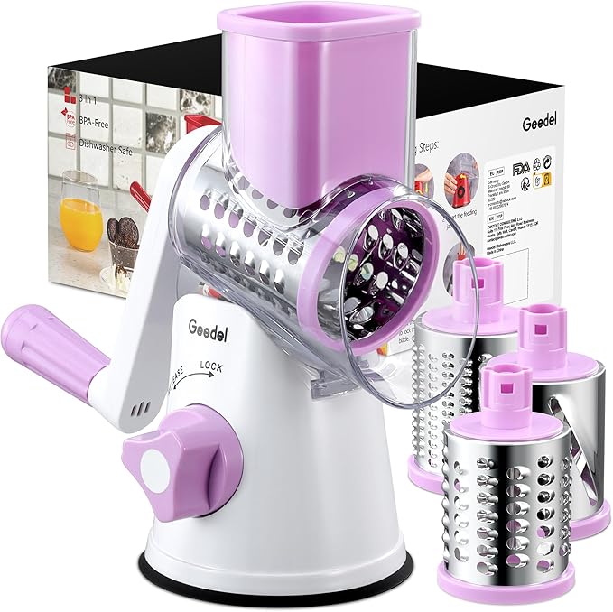 Geedel Rotary Cheese Grater, Kitchen Mandoline Vegetable Slicer with 3 Interchangeable Blades, Easy to Clean Rotary Grater Slicer for Fruit, Vegetables, Nuts by Geedel
