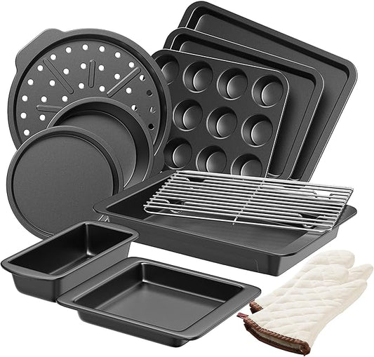 HONGBAKE Bakeware Sets, Baking Pans Set with Kitchen Oven Mitts, Nonstick Oven Pan for Kitchen with Wider Grips, 12-Piece Including Rack, Cookie Sheet, Cake Pans, Loaf Pan, Muffin Pizza Pan by HONGBAKE