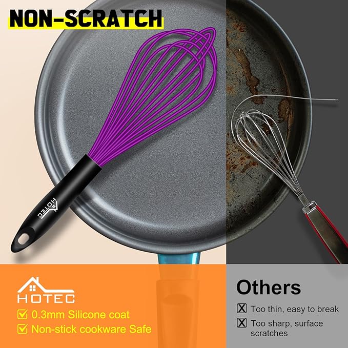 HOTEC 4 Pieces Silicone Whisks for Cooking, Wire Balloon Whisks Egg Beater, Non-Slip Handle Whisk for Non-Stick Cookware Perfect for Stirring, Beating and Blending, Stainless Steel, Purple - Image 4