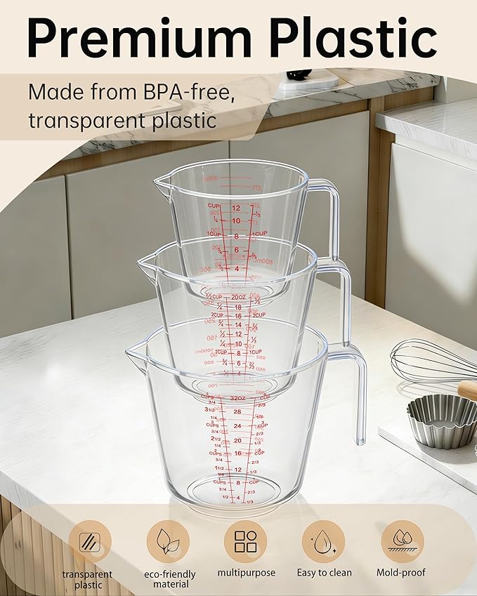 Measuring Cups, Plastic Measuring Cups Set of 3-1000ml, 600ml, 300ml with Spout & Easy-Pour Design, Leak-Proof, Cooking, Baking, Liquid & Dry Ingredients, (ML/OZ/CUP) - Image 4