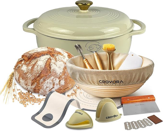 Crovora 6 QT Enameled Cast Iron Dutch Oven for Bread Baking with Lid - Incl. Sourdough Bread Baking Supplies like Banneton Bread Proofing Basket, Cast Iron Bread Oven, Bread Pan, bread making tools (Cream White, 6 Quart)